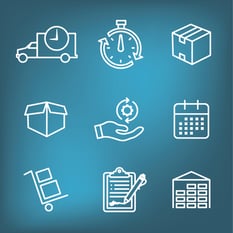 A set of white line icons related to shipping and logistics on a gradient blue background. Icons include a delivery truck with a clock, a stopwatch, a package, a hand holding a coin with a dollar sign, a calendar, a hand truck, a clipboard with a checklist, and a warehouse building.